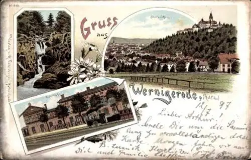 Litho Wernigerode im Harz, Bahnhof, Steinerne Renne, Gesamtansicht mit Schloss