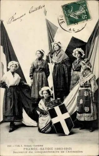 Ak France - Savoie 1860-1910, Fünf Frauen in Trachten, Wappen, Flagge
