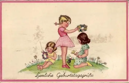 Künstler Ak Kerckhoff, Glückwunsch Geburtstag, Blumen, drei Mädchen, Blumenkranz