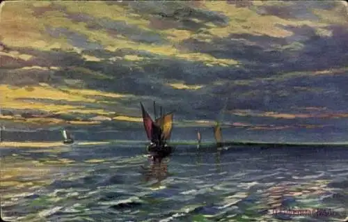 Künstler Ak Segelboote auf dem Wasser, Dämmerung