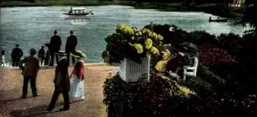 Ak Magdeburg an der Elbe, See, Boote, Blumen, Promenade, Passanten