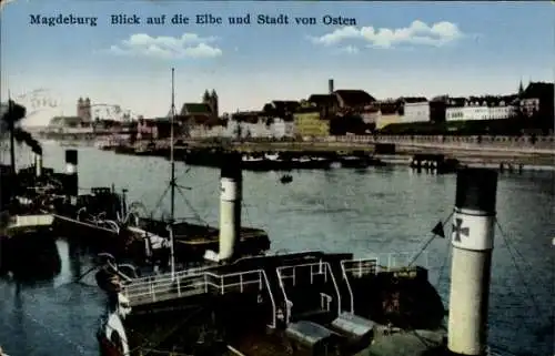 Ak Magdeburg an der Elbe, Dampfschiffe, Elbe, Dom, Blick auf die Stadt von Osten