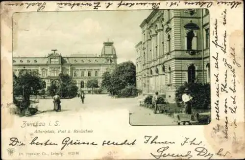 Ak Zwickau in Sachsen, Albertplatz, Post und Realschule