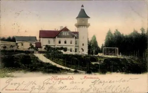 Ak Mariánské Lázně Marienbad Region Karlsbad, Marienbad Forstwarte, Gebäude mit Turm, Grüße vo...