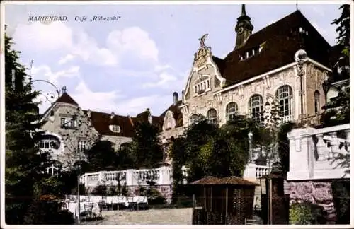 Ak Mariánské Lázně Marienbad Region Karlsbad, Café Rübezahl, historische Architektur, Garten, ...