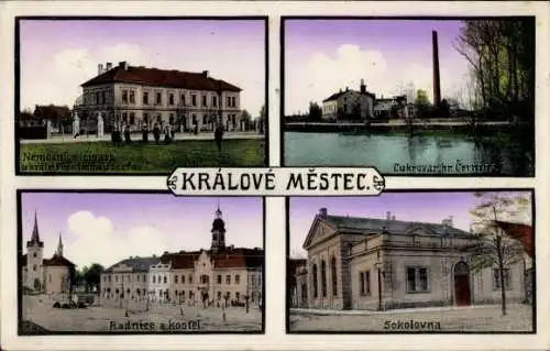 Ak Hradec Králové Königgrätz Stadt, Krankenhaus, Zuckerfabrik, Rathaus, Kirche, Sokolovna