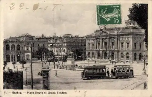 CPA Genève Suisse, Place Neuve et Grand Théâtre, tram