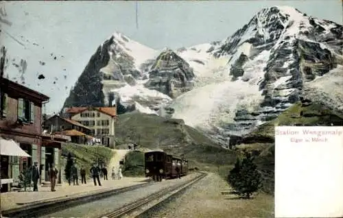Ak Wengernalp Kt. Bern, Eiger und Mönch, Bahnhof, Gleisseite, Alpen