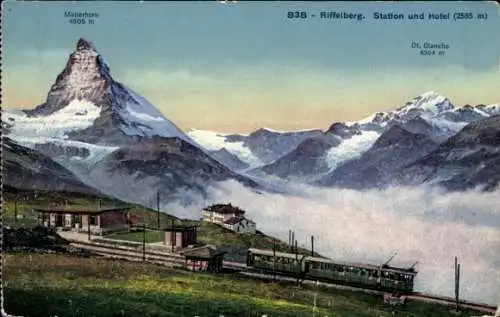 Ak Zermatt Kanton Wallis, Matterhorn, Riffelberg, Station und Hotel, Blanche