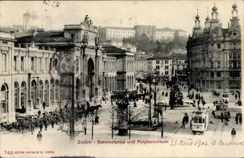 Ak Zürich Stadt Schweiz, Bahnhofplatz und Polytechnikum