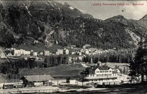Ak Pontresina Kanton Graubünden Schweiz, Bahnhof, Berge, Architektur, Postkartenansicht