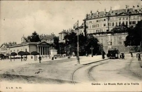 Ak Genève Genf Schweiz, Mueseum Rath, Platzansicht, Tram, Bäume, historisches Gebäude