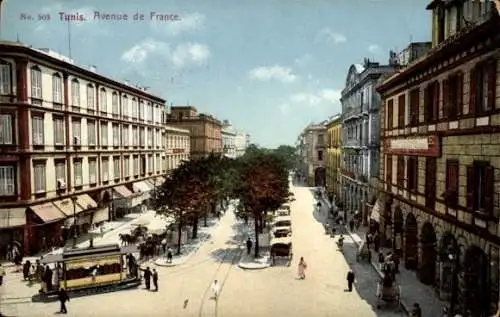 Ak Tunis Tunesien, Avenue de France, Stadtansicht, Straßenbahn, Gebäude