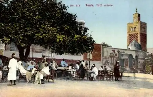Ak Tunis Tunesien, Café maure, Menschen an Tischen, Uhrturm im Hintergrund, Bäume