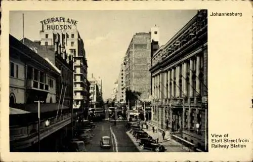Ak Johannesburg Südafrika, Terraplane Hudson, Eloff Street, Sicht von der Eisenbahnstation