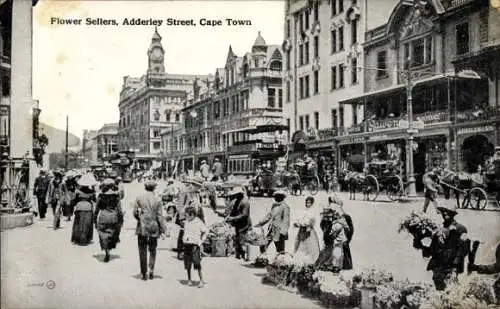 Ak Cape Town Kapstadt Südafrika, Blumenverkäufer, Adderley Street,  historische Stadtansicht