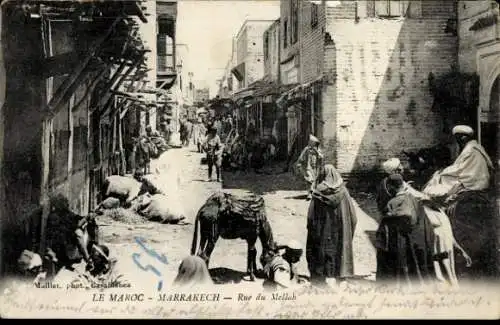 Ak Marrakesch Marokko, Rue du Mellah, Straßenpartie, Araber, Esel