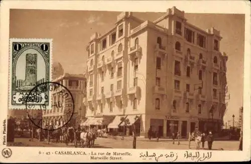 Ak Casablanca Marokko, Blick in die Rue de Marseille, Straßenpartie, Kutsche