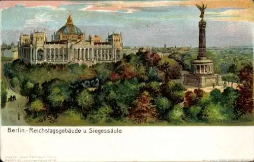 Ak Berlin Mitte, Alexanderplatz, Reichstagsgebäude, Siegessäule, historische Architektur, Farben