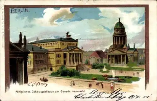 Künstler Litho Münch, C., Berlin Mitte, Gendarmenmarkt, Königl. Schauspielhaus, Springbrunnen, Dom