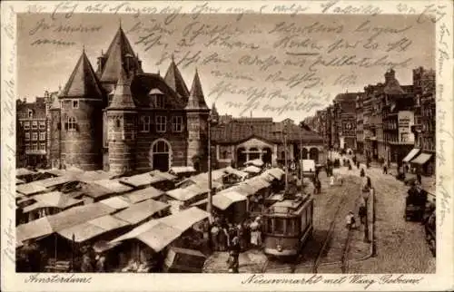 Ak Amsterdam Nordholland Niederlande, Marktstände, Strassenbahn
