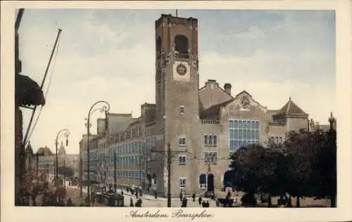 Ak Amsterdam Nordholland Niederlande, Beursplein, Gebäude mit Turm, Straßenszene, historische ...