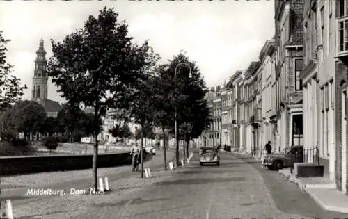 Ak Middelburg Zeeland Niederlande, Straße mit Bäumen, Häusern, Kirchturm, Autos