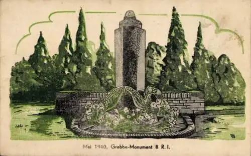 Ak Rhenen Utrecht, Grebbe-Monument, Bäume, Blumen, historische Darstellung, Mai 1940