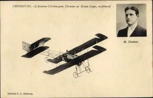 Ak Cherbourg, L'Aviateur cherbourgeois Divetain sur Biplan Goupy, en plein vol, Flugpionier
