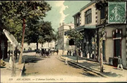 Ak Arcachon Gironde, Strasse mit Bäumen, Kutschen, Menschen,  Architektur