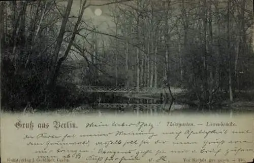 Ak Berlin Tiergarten, Schwarz-Weiß-Foto, Löwenbrücke, Thiergarten, Mondschein, Bäume