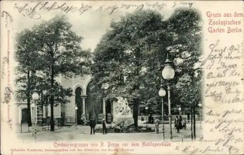 Ak Berlin Tiergarten, Zoologischer Garten, Centaurengruppe von R. Begas, Antilopenhaus
