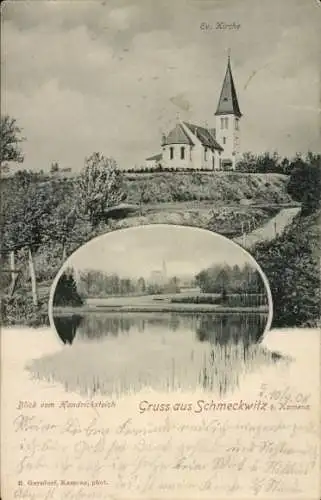Ak Schmeckwitz Oberlausitz, Ev. Kirche, Blick vom Kandricksteich, Gruss aus Schmeckwitz