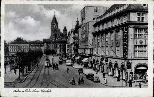 Ak Köln am Rhein, Schwarz-Weiß-Bild, Neu-Markt, CORDS,  Architektur, Straßenbahnen