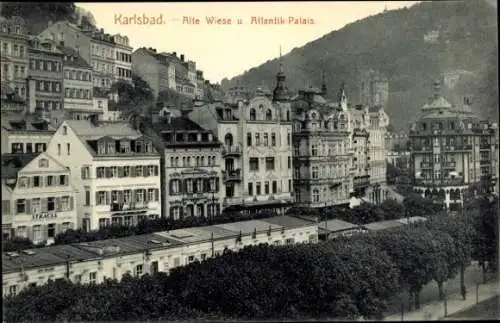 Ak Karlsbad in Baden, Stadtansicht, Alte Wiese, Atlantik-Palais, architektonische Vielfalt