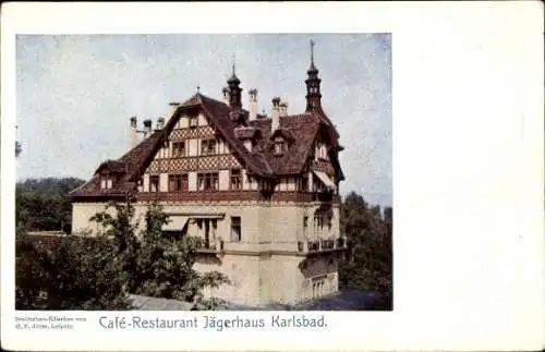 Ak Karlsbad in Baden, Café-Restaurant Jägerhaus, s Gebäude, farbige Darstellung