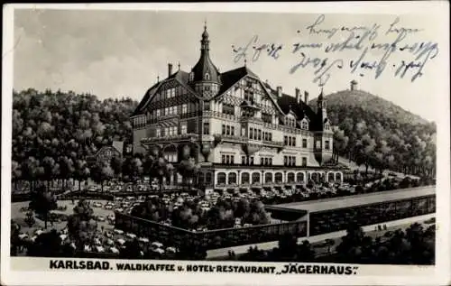 Ak Karlsbad in Baden, Hotel-Restaurant Jägerhaus, Karikatur, viele Autos, umliegende Bäume