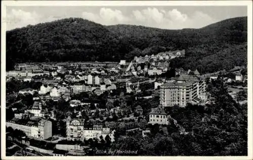 Ak Karlsbad in Baden, Blick auf  Stadtpanorama, Gebäude, Hügel im Hintergrund