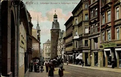 Ak Halle an der Saale, Leipziger Strasse, Leipziger Turm,  Architektur, Stadtansicht