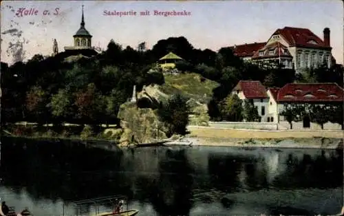 Ak Halle an der Saale, Saalepartie mit Bergschenke, Pavillon