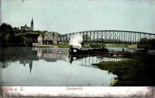 Ak Halle an der Saale, Schiff auf Saale, Brücke