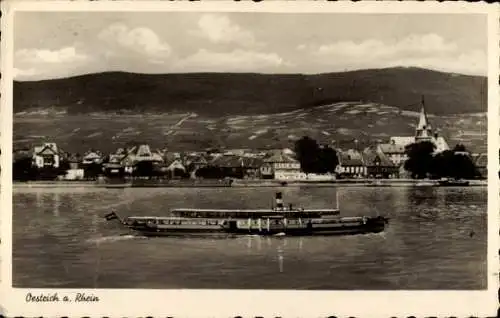 Ak Oestrich Winkel am Rhein Rheingau, Schiffsansicht, Rheinlandschaft, Kirche im Hintergrund,  