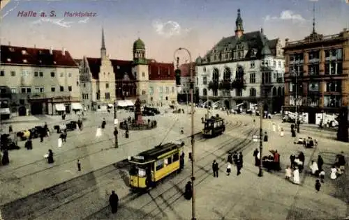 Ak Halle an der Saale, Marktplatz,  Gebäude, Straßenbahn, Menschen, farbig