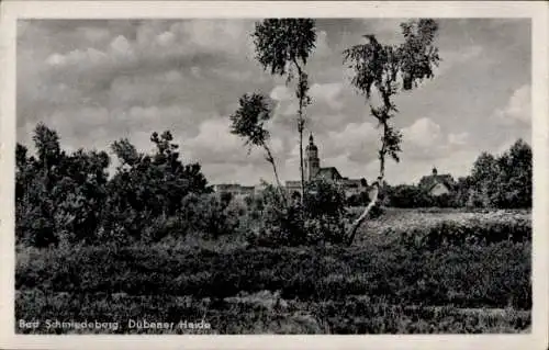 Ak Bad Schmiedeberg in der Dübener Heide, Landschaftsaufnahme, Kirche, Bäume, Wolken, r Ort
