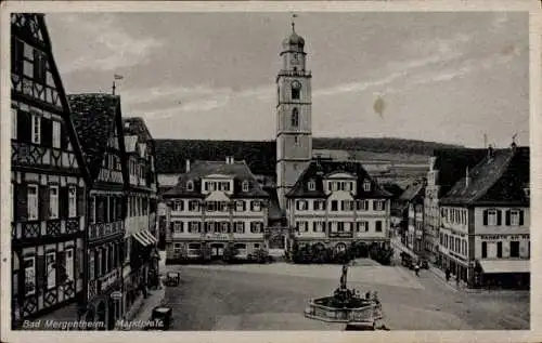 Ak Bad Mergentheim in Tauberfranken, Marktplatz, Brunnen,  Gebäude, Kirchturm