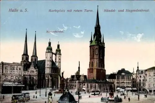 Ak Halle an der Saale, Marktplatz, roter Turm, Händel- und Siegesdenkmal, Marienkirche