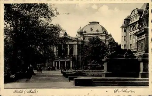 Ak Halle an der Saale, Stadttheater, elegante Architektur, Parkbereich, Schwarz-Weiß-