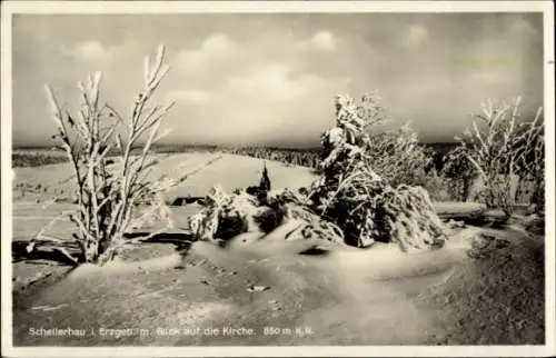Ak Schellerhau Altenberg im Erzgebirge, Schellerhau, Schnee, Blick auf die Kirche, 850 m N.N.