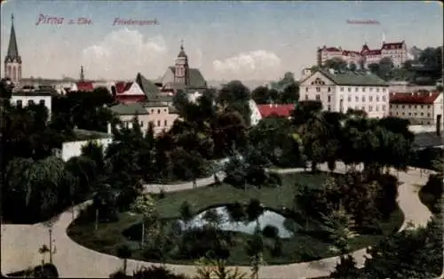 Ak Pirna in Sachsen, Friedenspark, Schloss Sonnenstein, Teich