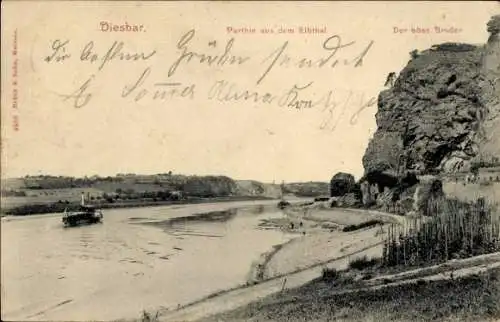 Ak Diesbar Seußlitz Nünchritz an der Elbe, Landschaft am Elbufer, Schiff auf dem Wasser, Felsen i